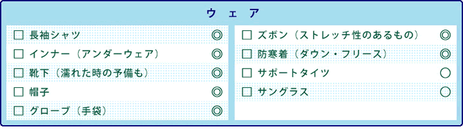 ＜ウェア＞長袖シャツ◎、ズボン（ストレッチ性のあるもの）◎、インナー（アンダーウェア）◎、防寒着（ダウン・フリース）◎、靴下（濡れた時の予備も）◎、サポートタイツ○、帽子◎、サングラス○、グローブ（手袋）◎。