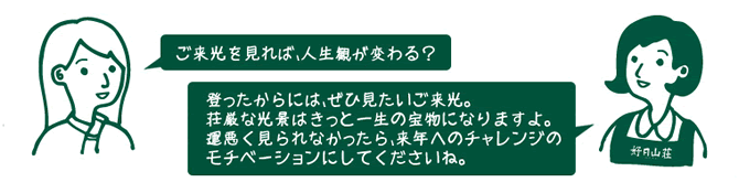 お客様『ご来光を見れば、人生観が変わる？』　店員『登ったからには、ぜひ見たいご来光。　荘厳な光景はきっと一生の宝物になりますよ。　運悪く見られなかったら、来年へのチャレンジのモチベーションにしてくださいね。』