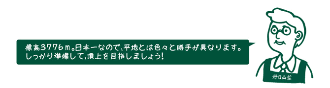 店員『標高３７７６ｍ。日本一なので、平地とは色々と勝手が異なります。
しっかり準備して、頂上を目指しましょう！』