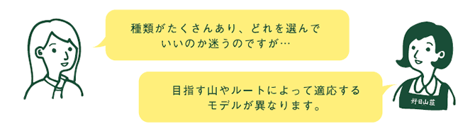 お客様『種類がたくさんあり、どれを選んでいいか迷うのですが・・・』 店員『目指す山やルートによって適応するモデルが異なります。』