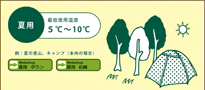 <夏用>最低使用温度:5度~10度 使用例:夏の里山、キャンプ(本州の場合)