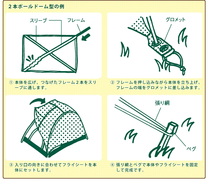 ２本ポールドーム型の例　１，本体を広げ、つなげたフレーム２本をスリーブに通します。　２，フレームを押し込みながら本体を立ち上げ、フレームの端をグロメットに差し込みます。　３，入り口の向きに合わせてフライシートを本体にセットします。　４，張り網とペグで本体やフライシートを固定して完成です。