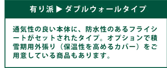 有り派（ダブルウォールタイプ）　通気性の良い本体に、防水性のあるフライシートがセットされたタイプ。オプションで積雪期用外張り（保温性を高めるカバー）をご用意している商品もあります。