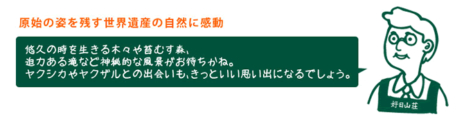 原始の姿を残す世界遺産の自然に感動　店員『悠久の時を生きる木々や苔むす森、迫力ある滝など神秘的な風景がお待ちかね。ヤクシカやヤクザルとの出会いも、きっといい思い出になるでしょう。』