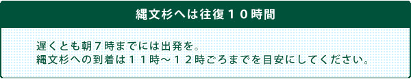 『縄文杉へは往復１０時間』遅くとも朝７時までには出発を。縄文杉への到着は１１時～１２時ごろまでを目安にしてください。