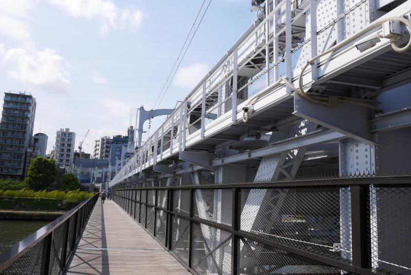 東武鉄道の線路の横に橋がかかり浅草まで歩けます。ときどき電車が通り過ぎるのがたのしい。