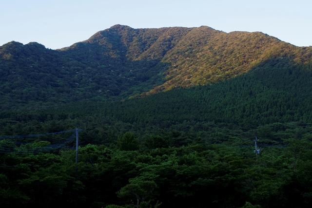 九千部山へ登ります。朝日が当たってます。