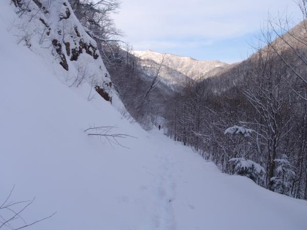 入山日。スノーシューで林道を歩く。