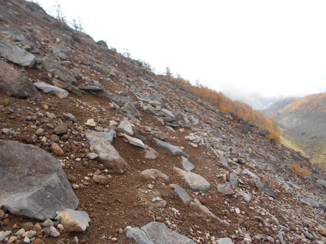 黒岩トラバース。春になると踏み跡がわからなくなり、秋になるとまた明瞭に。崩れやすいです。