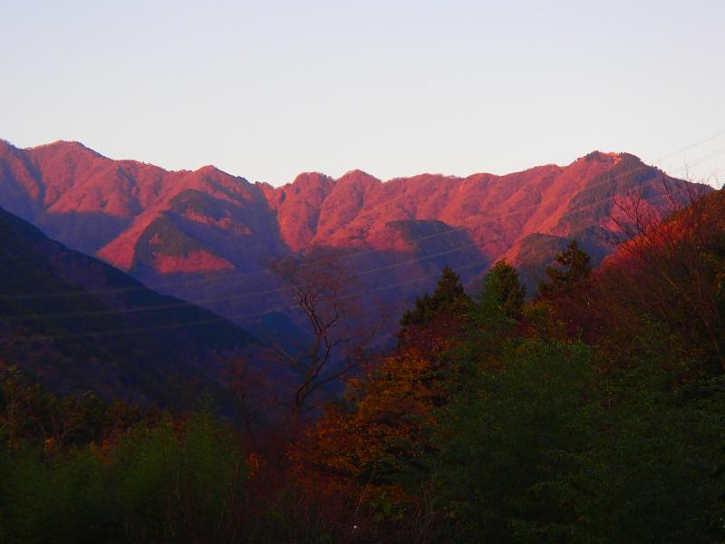 夕焼けに染まる丹沢の山