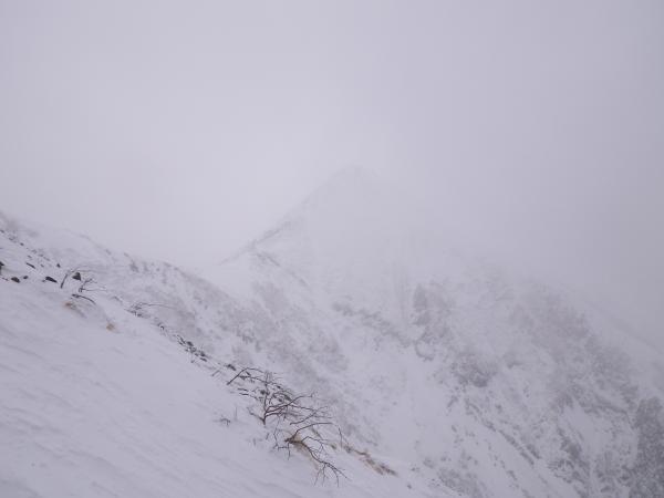 初日、中岳と赤岳のコル。写真では分かり難いがかなりの強風が雪を叩いている。