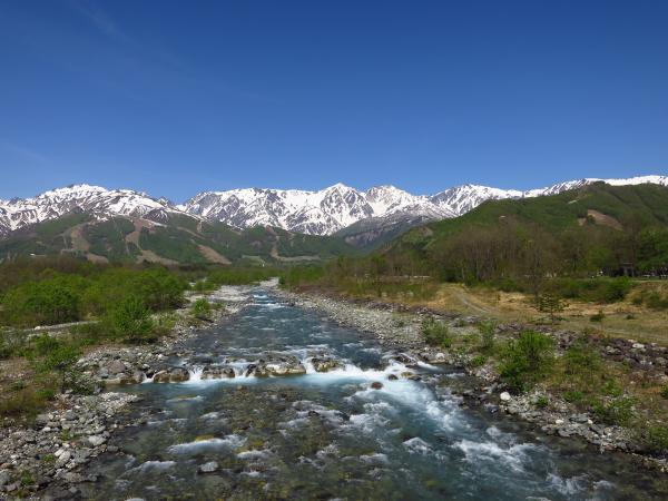 白馬連峰と松川、目指す岩茸山は右の山