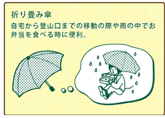 折り畳み傘:自宅から登山口までの移動の際や雨の中でお弁当を食べる時に便利。