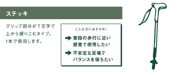 ステッキ　グリップ部分がT文字で上から握りこむタイプ。1本で使用します。　こんな方におすすめ！　⇒普段の歩行に近い感覚で使用したい　⇒不安定な足場でバランスを保ちたい