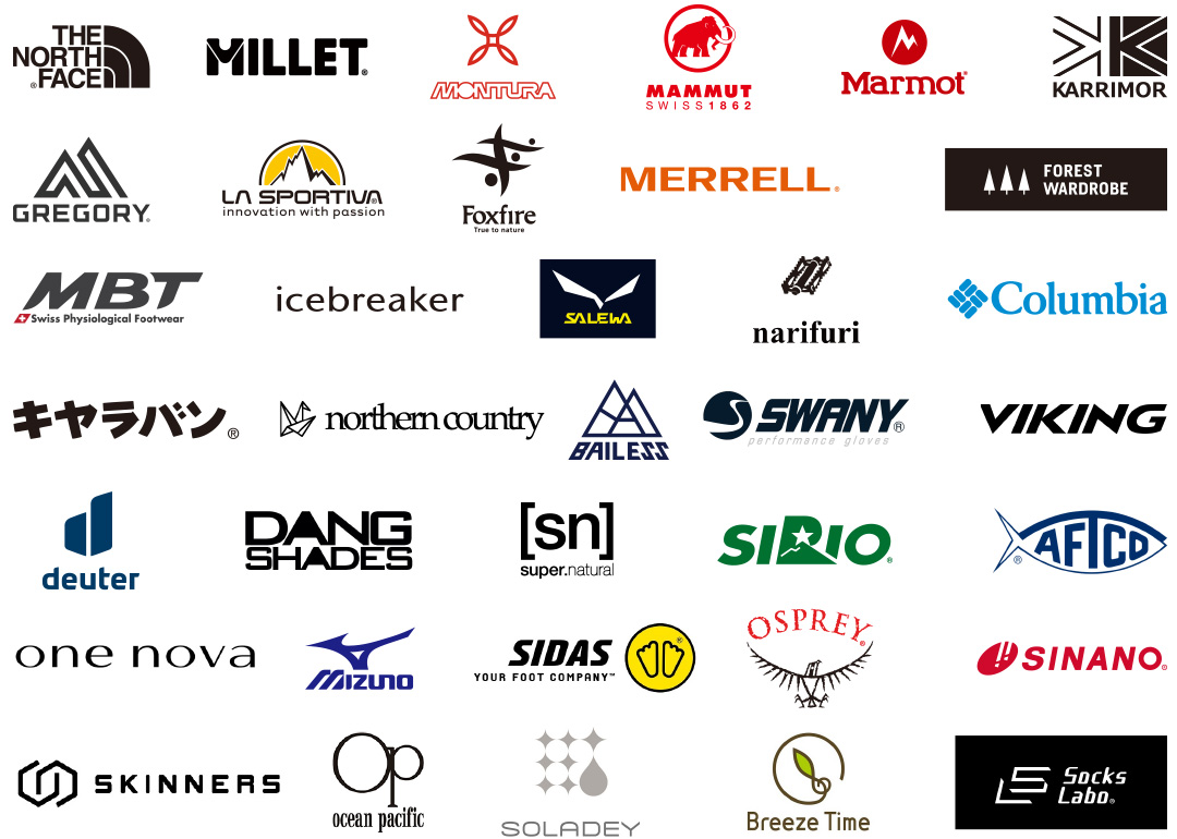 【出店ブランド】THE NORTH FACE/MILLET/SALEWA/GREGORY/Columbia/icebreaker/MAMMUT/Foxfire/LA SPORTIVA/KARRIMOR/KEEN/OSPREY/Marmot/FOREST WARDROBE/SINANO/SIRIO/Mizuno/MONTURA/MERRELL/BAILESS/GRANDKING/deuter/キャラバン/MBT/northern country/DANG SHADES/AFTCO/narifuri/SWANY/VIKING/super natural/one nova/SIDAS/SKINNERS/ocean pacific/SOLADEY/Breeze Time/Socks Labo