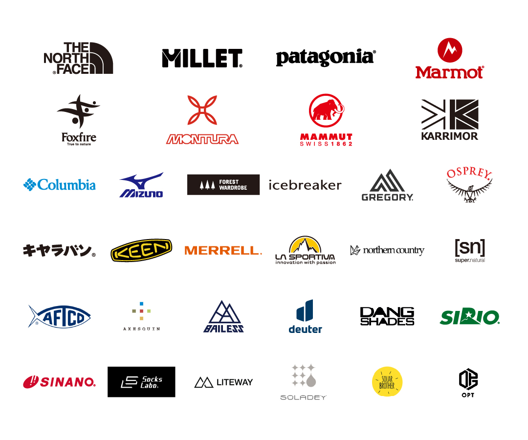 【出店ブランド】THE NORTH FACE/MILLET/patagonia/Marmot/GREGORY/MONTURA/MAMMUT/KARRIMOR/Foxfire/icebreaker/FOREST WARDROBE/SINANO/Columbia/narifuri/northern country/AXESQUIN/super natural/キャラバン/SINANO/LA SPORTIVA/MERRELL/OSPREY/SIRIO/KEEN/deuter/DANG SHADES/AFTCO/Socks Labo/THERMIC/SOLADEY/OPT/Mizuno/BAILESS/one nova/RovyVon/SOLAR BROTHER/BMZ/LITEWAY/SIDAS/Breeze Time/BLISTER WOOL