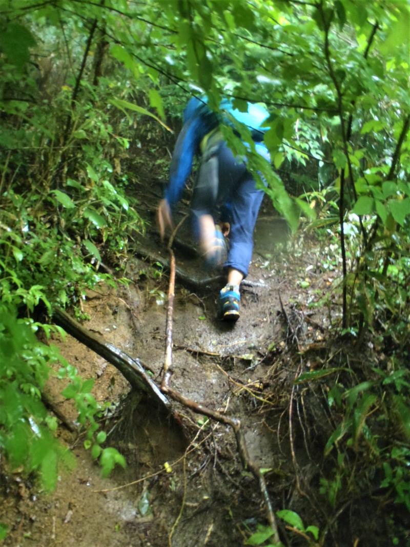 道を間違えたのか、崖登りに・・・。手がドロドロ。雨具を着用しました。