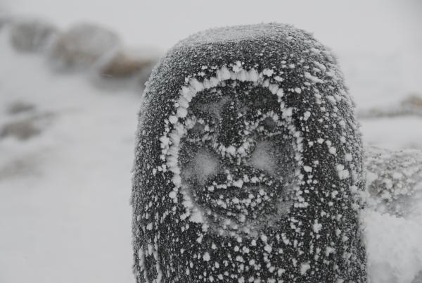 燕山荘の山男も凍ってます。