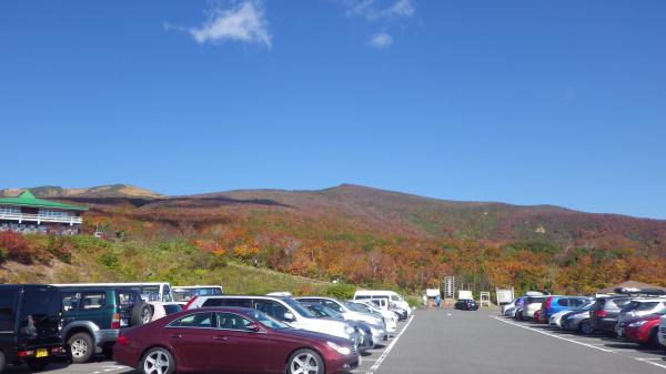 見事な晴天と紅葉！登山道は駐車場奥から左へ上がって行きます