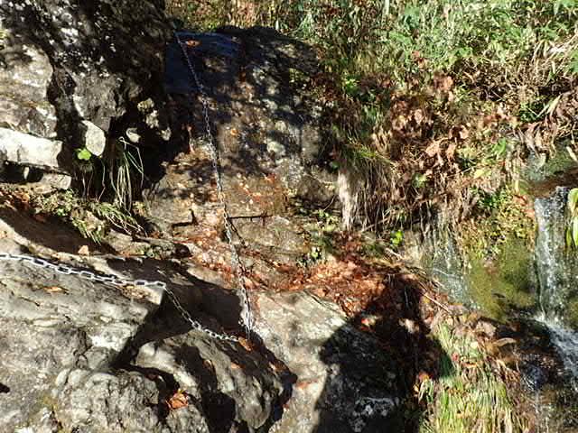 滑滝のトラバース終了地点。岩も鎖も濡れているぅ！
