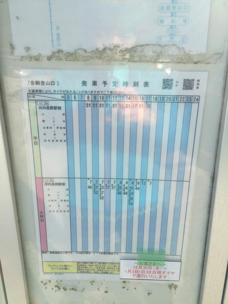 金剛山登山口の河内長野駅行きの時刻表。